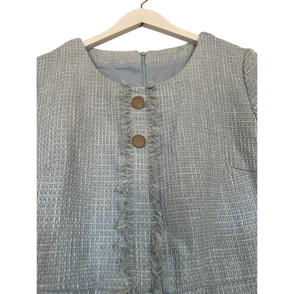 Medium Light Powder Blue Unique Tweed Mini Shift Office Siren Dress Classic Work - Picture 3 of 13